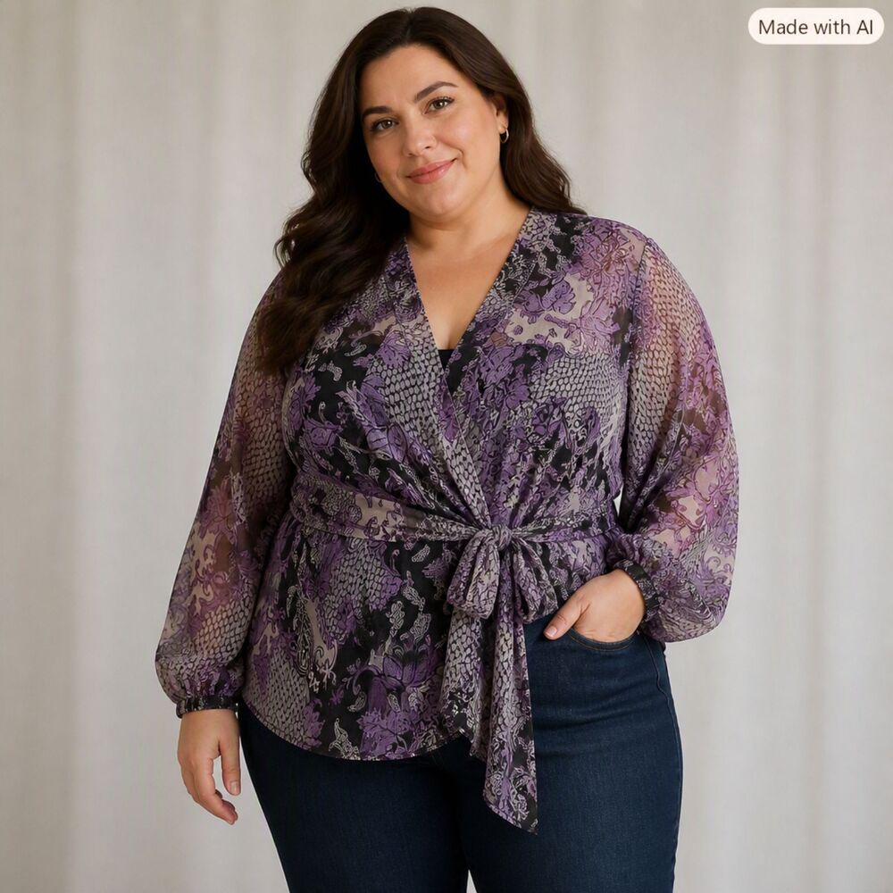 Studio 1940 Purple Black Paisley Floral Sheer Faux Wrap Blouse Top 4X 26/28W